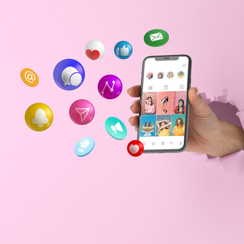 Various social media icons floating